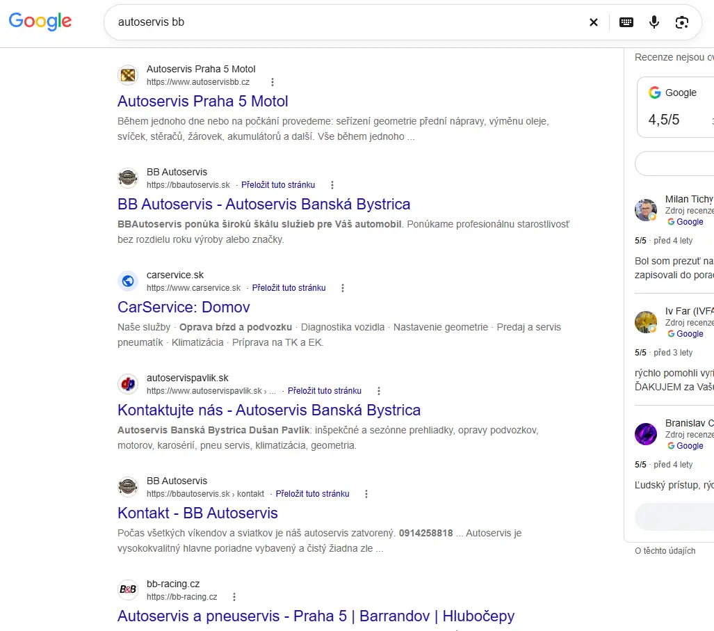 BB Autoservis – TOP 3 pozície vo vyhľadávaní Google, referencia BrandLift